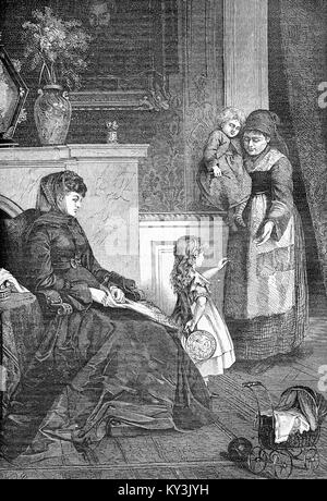Two vidows, lady and housemaid with children: same sorrow, vintage engraving Stock Photo