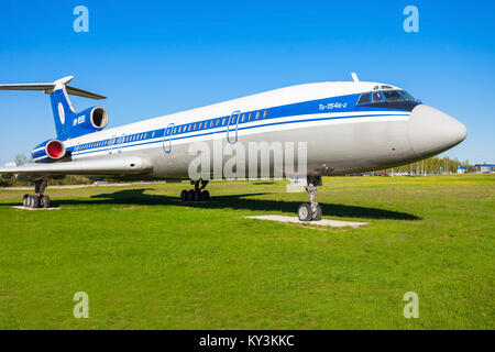 MINSK, BELARUS - MAY 05, 2016: Tupolev Tu-154 aircraft in the open air museum of old civil aviation near Minsk airport. The Tupolev Tu-134 is a three- Stock Photo