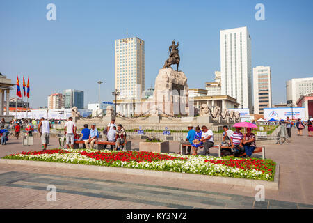 ULAANBAATAR, MONGOLIA - JULY 12, 2016: Monument to Damdin Sukhbaatar is located on Sukhbaatar Square (new name Chinggis Square) in the center of Ulaan Stock Photo