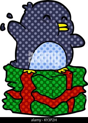cartoon penguin on wrapped present Stock Vector