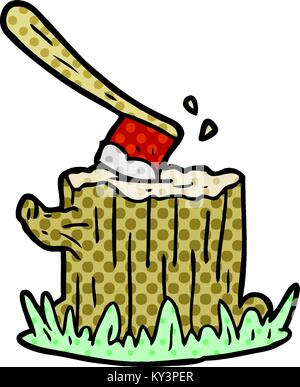 cartoon axe stuck in tree stump Stock Vector