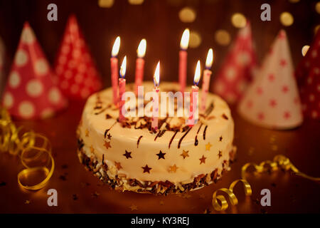 Happy birthday cake with candles Stock Photo