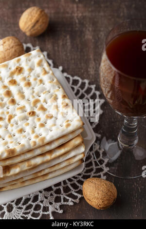 A Jewish Matzah bread with wine. Passover holiday concept Stock Photo