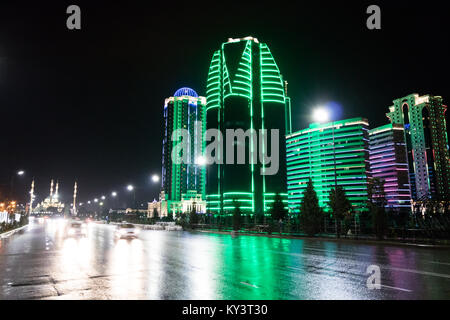 Grozny City skyscrapers at night, Grozny at night, Chechnya, Russia Stock Photo