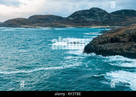 Looking North from the Ardnamurchan Lighthouse at point of Ardnamurchan towards Sgurr nam Meann and Portuairk, Scotland. 01 January 2018. Stock Photo