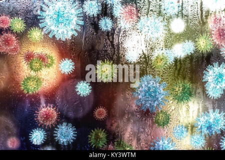 Common cold virus, conceptual illustration. The common cold is caused by different viruses including rhinoviruses, other enteroviruses, coronaviruses, influenza and parainfluenza viruses, and adenoviruses. Most common cold viruses are seasonal. Stock Photo