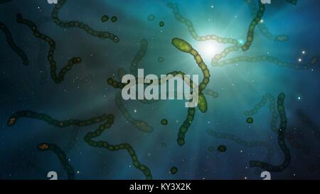 Alien microbes in space, conceptual illustration. It is thought that micro-organisms could survive the harsh conditions of space transported on the surface of space debris, such as comets and meteorites. These microorganisms may form life on other planets if there are suitable conditions. The panspermia theory suggests the idea that life on Earth originated in this manner. Stock Photo