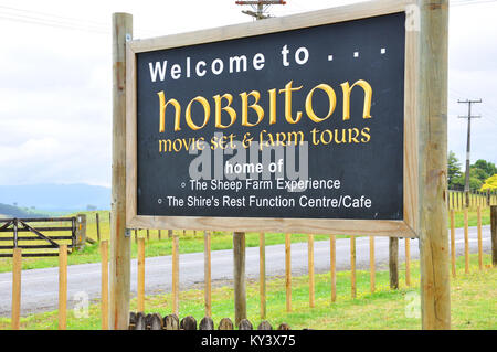 Hobbiton movie set visitor attraction in farmland near Matamata New Zealand. Visitor Centre sign. Space for copy