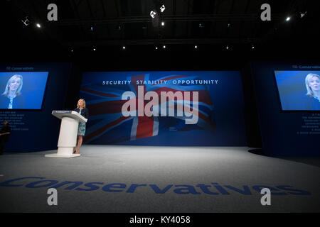 Future Prime Minister of the United Kingdom, Liz Truss MP, giving a speech to the 2015 Conservative Party annual conference in Manchester, England. Stock Photo