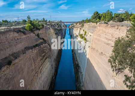 The Corinth Canal (Isthmus of Corinth) connects the Gulf of Corinth with the Saronic Gulf in the Aegean Sea. Stock Photo