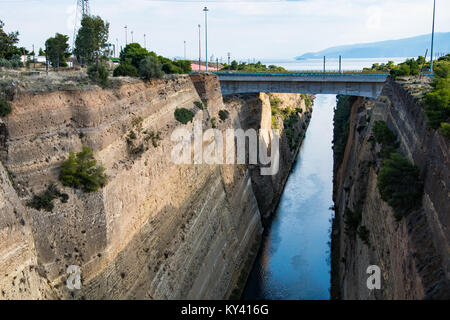 The Corinth Canal (Isthmus of Corinth) connects the Gulf of Corinth with the Saronic Gulf in the Aegean Sea. Stock Photo