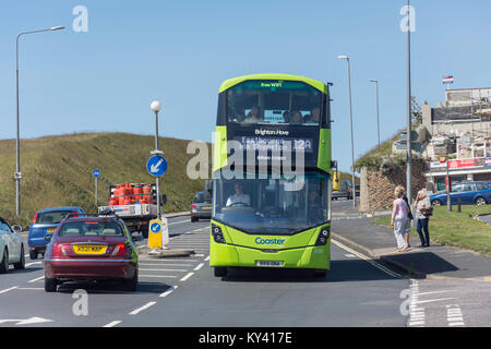 Local Coaster double-decker bus on Marine Drive coastal road, Saltdean, East Sussex, England, United Kingdom Stock Photo