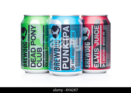 LONDON, UK - JANUARY 02, 2018: Aluminium cans of Brewdog  beer selection, from the Brewdog brewery on white background. Stock Photo