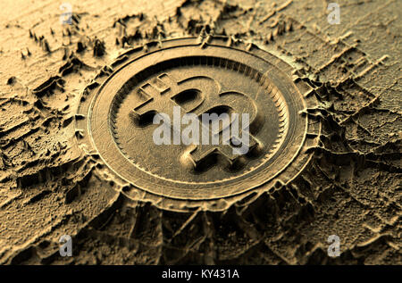 A microscopic closeup concept of cast or mined metal that builds up to form a physical bitcoin cryptocurrency symbol - 3D render Stock Photo