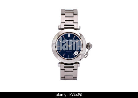 Cartier stainless steel Lady's watch with deep blue face Stock Photo