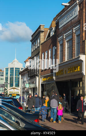 Shoppers outside Marks & Spencer store on Butter Market, Bury St Edmunds town centre, Suffolk, England, UK. Stock Photo