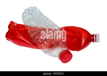 Red and white plastic bottle. Two used drinks packages isolated on white background. Ecological separation of household waste. Stock Photo