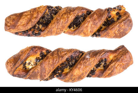 Delicious crispy breakfast of golden color. Two pieces of sweet scented pastries with chocolate filling. Isolated on white background. Stock Photo