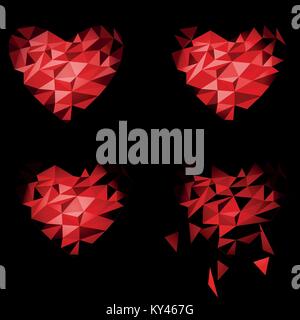 Low polygonal of red heart that is crushed to pieces in a half fall to floor, vector illustration concept for broken heart. black Stock Vector