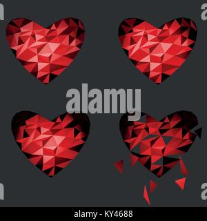 Low polygonal of red heart that is crushed to pieces in a half fall to floor, vector illustration concept for broken heart. grey Stock Vector