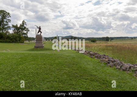 View along the stone wall at the High Water Mark, Cemetery Ridge, Gettysburg National Military Park, Pennsylvania, United States. Stock Photo