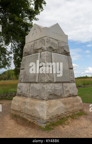 The 71st Pennsylvania Volunteer Infantry Regiment Monument marking The Angle, Gettysburg National Military Park, Pennsylvania, United States. Stock Photo
