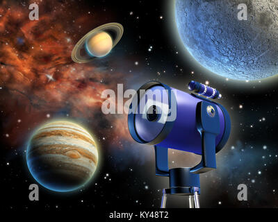 Studying distant planets through a telescope. Digital illustration. Stock Photo
