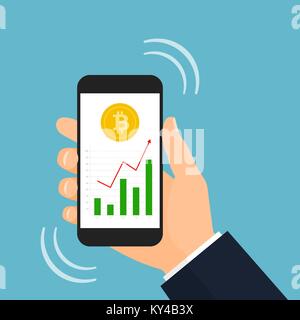 Bitcoin trading graphic on smartphone screen vector illustration Stock Vector