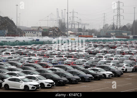 General view of new Honda cars lined up at Southampton Docks prior to being loaded onto a car container ship for export Stock Photo