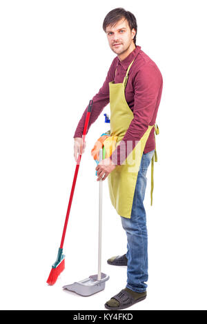 Full length portrait of a man sweeping the floor over white background Stock Photo