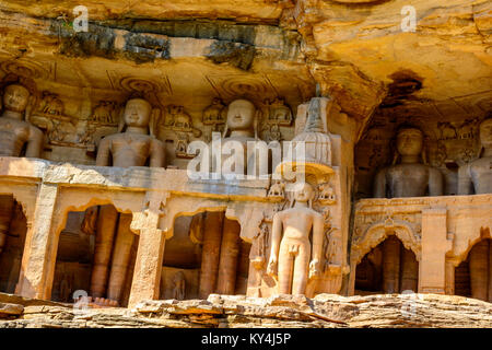 Ancient broken Buddha statues in the Rock of Gwalior / India Stock Photo