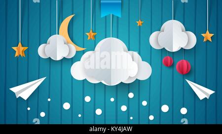 Paper illustration. Airplane, cloud, moon, star. Stock Vector