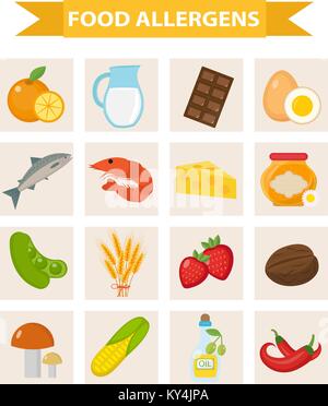 Food allergen icon set flat style. Allergy products, meal allergies. Isolated on white background. Vector illustration. Stock Vector