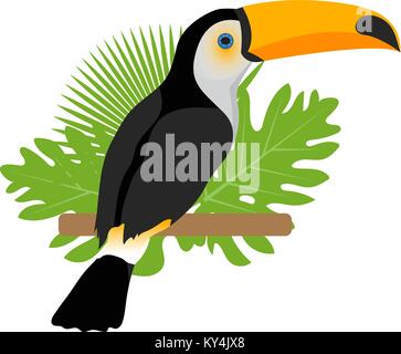 Toco toucan icon is a flat, cartoon style. Exotic bird sitting on a branch in the tropics. Isolated on white background. Vector illustration. Stock Vector