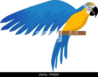 Parrot Ara ararauna flat icon, cartoon style. Blue-and-yellow macaw character. Colored bird flies. Isolated on white background. Vector illustration. Stock Vector