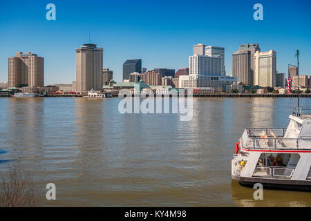 Stock photograph of the skyline of New Orleans and the Mississippi River in Louisiana, USA, on a sunny day. Stock Photo