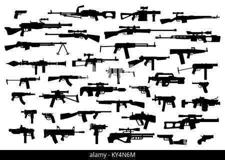 Firearms. Vector big set of different modern fire automatic weapons. Black silhouettes on white isolated background. Side view. Stock Vector