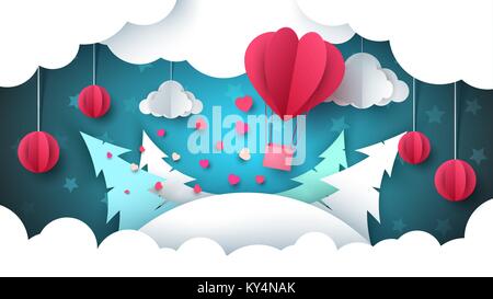 Valentine s Day illustration. Winter landscape. Air balloon, fir, cloud, star. Stock Vector