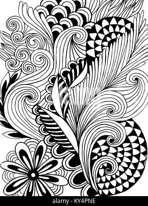 astract hand-drawn leafy doodle pattern in black and white. vector Stock Vector