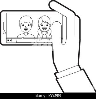 hand holding phone mobile with people video player vector illustration line design Stock Vector