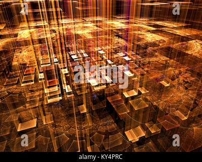 Mystical place - abstract computer-generated image. Golden fractal background with vertical rays or pillars of light. For science fiction or esoteric  Stock Photo