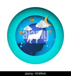 Wolf howls to the moon -paper illustration. Star, cloud, sky. Stock Vector