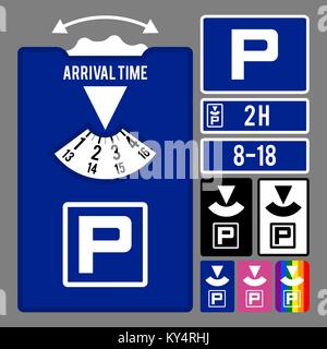 Parking clock icon. Vector set for parking time tracking. Stock Vector