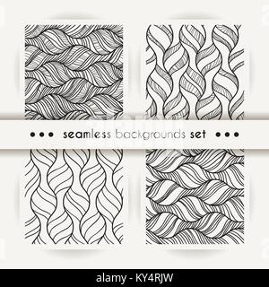 Decorative vector seamless set of wave patterns. Endless illustrations with abstract doodle streams. Geometric ornament. Stock Vector