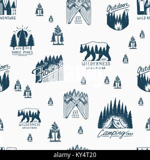 camping seamless pattern, mountains coniferous forest and wooden logo. engraved hand drawn in old vintage sketch. emblem tent tourist, travel for labels. landscapes with pine trees background Stock Vector