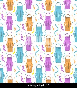 Paper lanterns seamless pattern. Festive decorations repetitive texture. Feast endless background. Vector illustration. Stock Vector