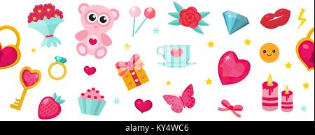 Happy Valentine's Day banner. Set of cute icons, romance love. Template for your design. Vector illustration. Stock Vector