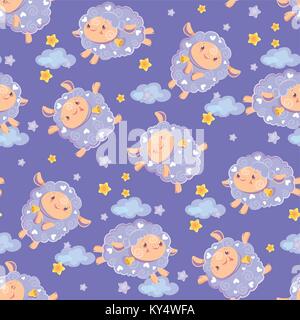 Seamless pattern of counting cute sheep to fall asleep. Cartoon happy jumping sheep with stars and clouds for baby boy. Vector background digital paper for print Stock Vector