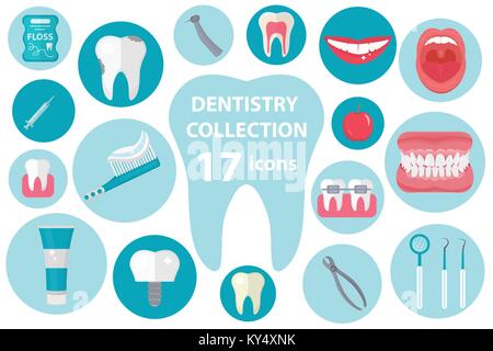 Dental icon set, flat style. Stomatology kit isolated on white background. Dentistry collection of design elements. Vector illustration, clip art. Stock Vector