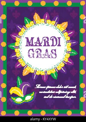 Mardi Gras carnival poster, invitation, greeting card. Happy Mardi Gras Template for your design with mask feathers, beads. Holiday in New Orleans. Fat Tuesday background. Vector illustration. Stock Vector